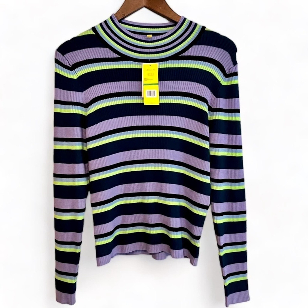 CIRCUS NY Mock Neck Long Sleeve 2nd Skin Moroccan Blue StripeTop Size Jr L New
